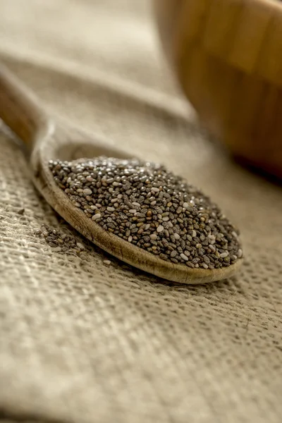 Wooden spoon heaping with dried chia seeds — Stock Photo, Image