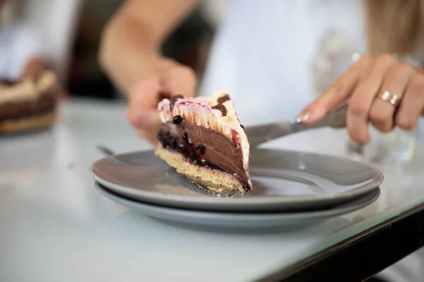 Closeup View Woman Placing Piece Delicious Vegan Chocolate Cake Plate — Stock Photo, Image