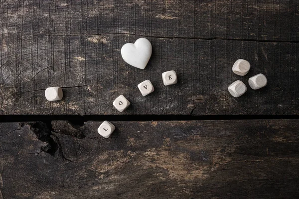 Marble Made Heart Lying Rustic Wooden Boards Next Love Sing — Stock Photo, Image