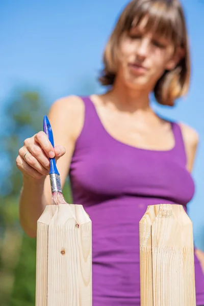 Jovem Mulher Pintando Cerca Quintal Madeira Com Verniz Protetor Transparente — Fotografia de Stock