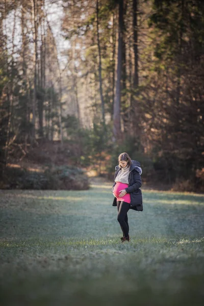 Zwangere Jonge Vrouw Het Midden Van Een Prachtig Bos Weide — Stockfoto