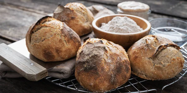 Freshly Baked Home Made Sourdough Bread Buns Cooling Rake Next — Stock Photo, Image