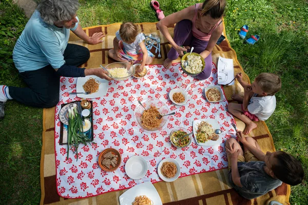 Top View Family Having Picnic Nature Sitting Blanket Full Delicious — Stock Photo, Image