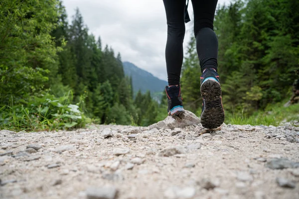 Low Angle View Woman Hiking Boots Walking Gravel Path Beautiful — 图库照片