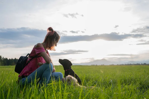 Jeune Femme Dehors Dans Une Belle Prairie Verte Agenouillée Devant — Photo