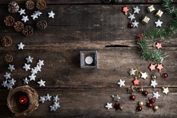 Top View Lit Candle Rustic Wooden Desk Middle Christmas Seasonal — Stock Photo, Image