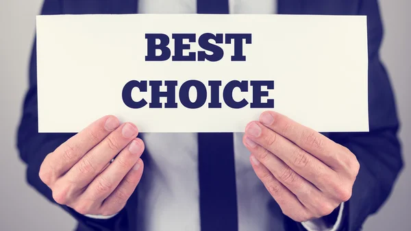 Close Up of Man Holding Sign Reading Best Choice — Stock Photo, Image