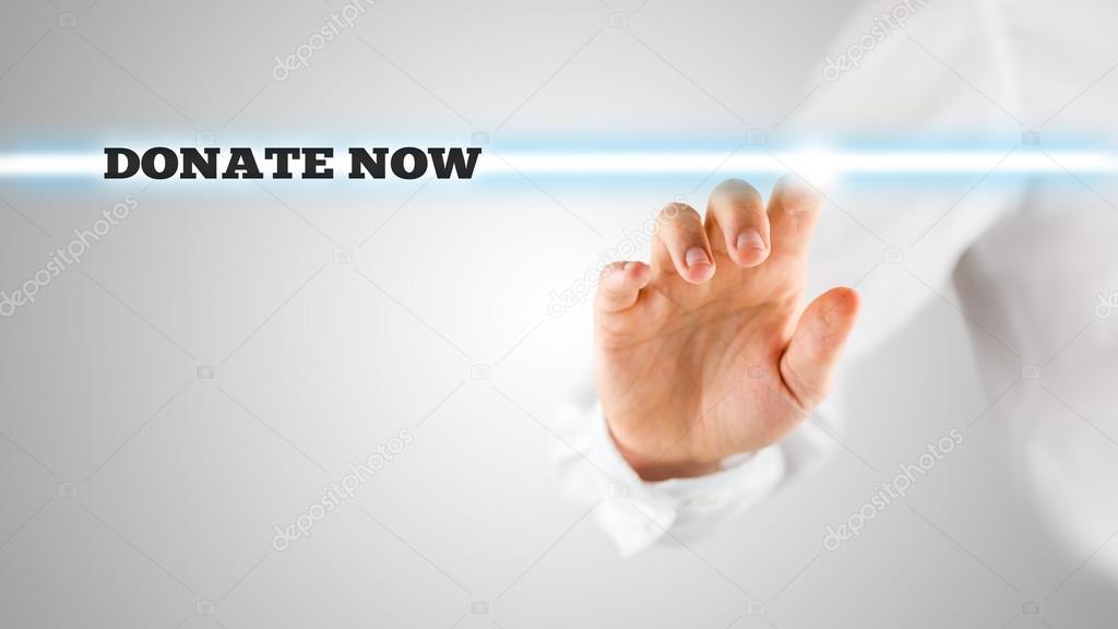 Man in White Pointing Glowing Donate Now Texts