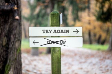 Signboard with two signs saying - Try again - Give up - pointing clipart