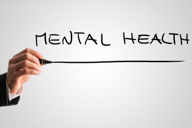 Ruh sağlığı sanal bir ekranda yazma bir adamın elini