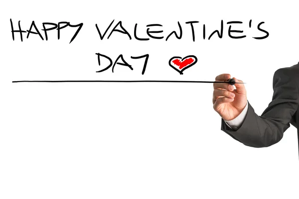 Homme écrivant Joyeuse Saint-Valentin avec un cœur rouge à la fin — Photo