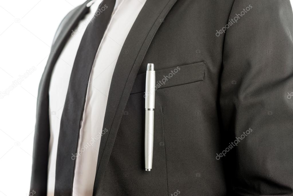 Pen Clipped on Suit Pocket of a Businessman