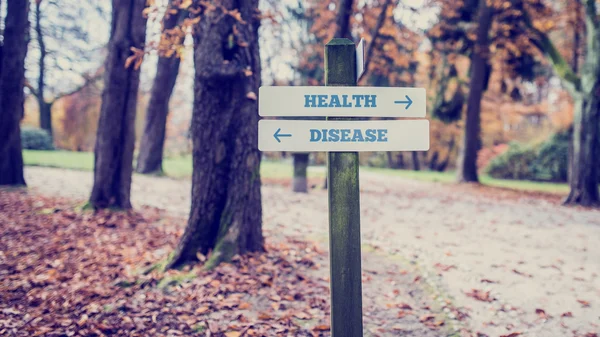 Rustic wooden sign in an autumn park with the words Health - Dis — Stock Photo, Image