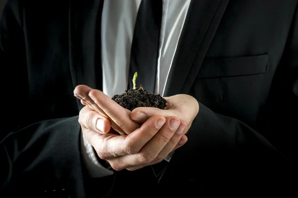 Affärsman händer som håller jorden med unga spira — Stockfoto