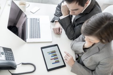 Male and female business partners analysing statistical annual r