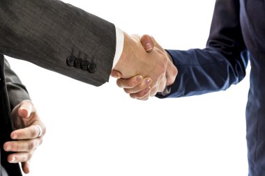 Confident businessman shaking hands with his  female business pa