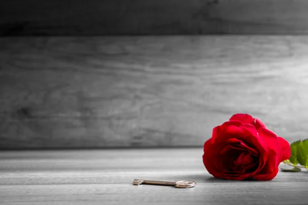 Beautiful blooming  red rose and key on wooden table — Φωτογραφία Αρχείου