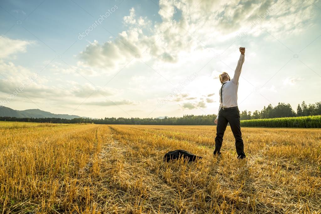 Businessman in the Field Raising Arm for Success