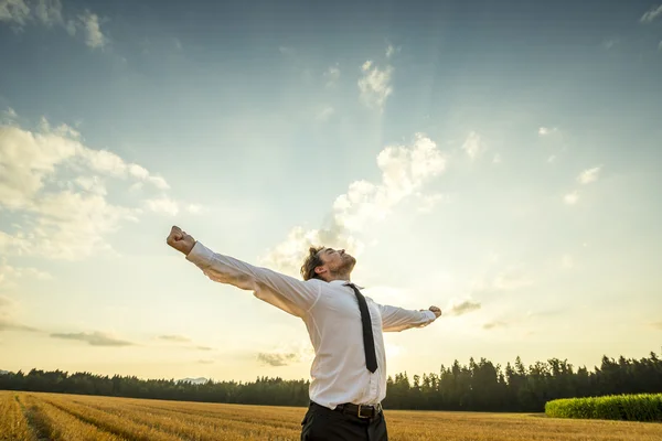 Thankful Businessman with Open Arms at the Field — Stock Photo, Image