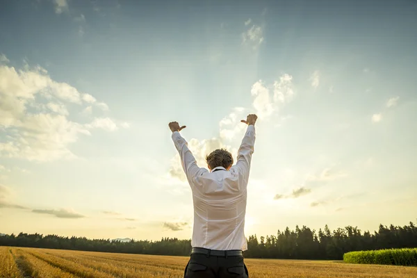 Businessman Raising Arms for Success at the Field — Stock Photo, Image