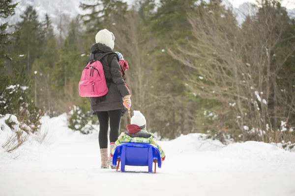 Young mother carrying her baby in a sling while pulling her todd — Stockfoto