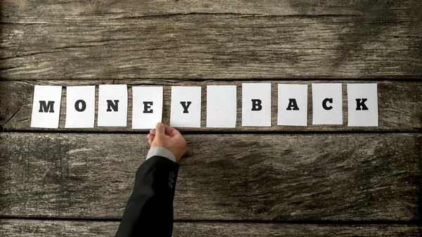 Overhead view of salesman assembling a sign Money back — Stock Photo, Image