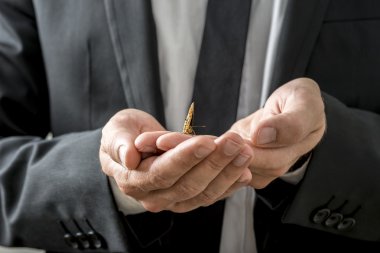 Nazik bir kelebek onun tutan bir zarif resmi elbiseli adam