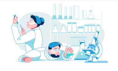 Laboratuvarda çalışan iki bilim adamı. Kadın ve erkek kimyasal deney yapıyor. Bilimsel araştırma yapan iki laboratuvar asistanı. Beyaz tıbbi önlüklü bilim adamları. Tüpler, deneyler. Vektör.