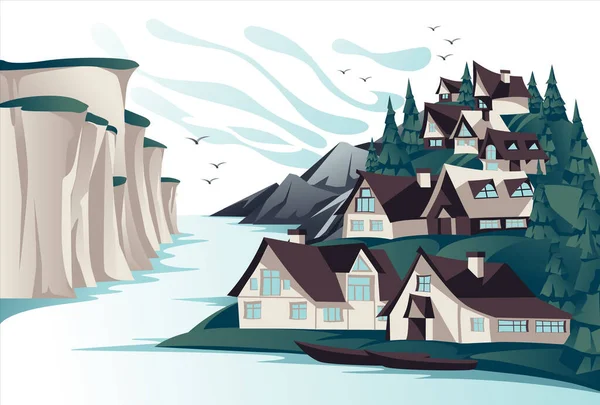 岩の海岸夏のオープンスペースの風景の伝統的な北の村 漫画のベクターイラスト エコツーリズムと休暇の旅行 — ストックベクタ