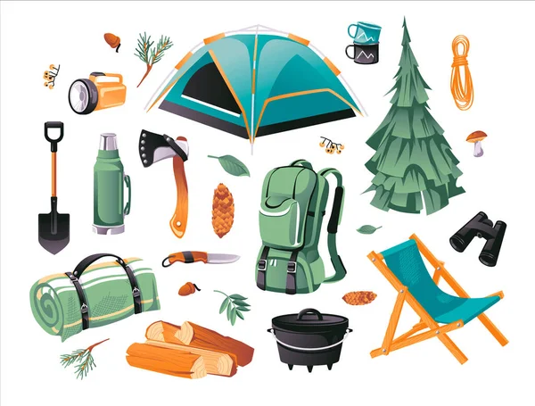 Rajzfilm Vektor Illusztráció Készlet Camping Túrázás Tárgyakat Turisztikai Felszerelés Túrázás — Stock Vector
