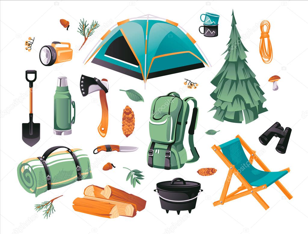 Cartoon Vector Illustration set of Camping and Hiking objects. Tourist equipment. Hiking outdoor elements kit. Camping gear symbols and icons collection on white background.