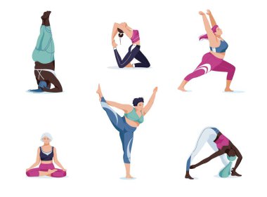 Yoga seti farklı pozlarda kadınlarla. Modern yoga egzersizlerinde vektör karikatür çizimi. Farklı ırklar, vücut pozitifliği, artı boyut karakteri.