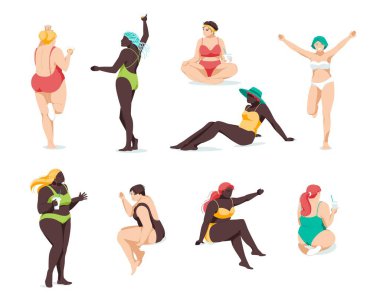 Farklı ırktan ve fizikten bikinili kızlar rahatlar. Beyaz arkaplanda düz karakterler çizimi. Vücut pozitif, artı boyut