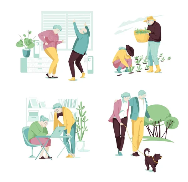 Active Seniors Concept Elderly Couples Planting Sitting Laptop Walking Dog — Stock Vector