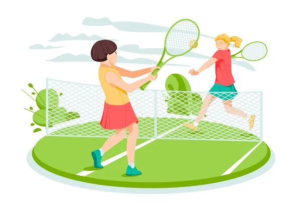 Tenis Kortunda Iki Kız Tenisçi Düz Çizgi Film Vektör Çizimi — Stok Vektör