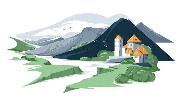 Castillo Montaña Estilo Romano Paisaje Verano Europa Francia Alemán Gerorgia — Vector de stock