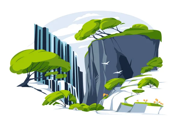 Yeşil Kayada Şelale Vektör Çizimi Düz Renkli Panoramik Manzara Dağ — Stok Vektör