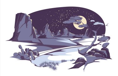 Vector set illustration of desert and night landscape with silhouettes of stones, mountains, hills, plants and cactuses. Cartoon Western scene under the moon. Night in Mexican desert. clipart