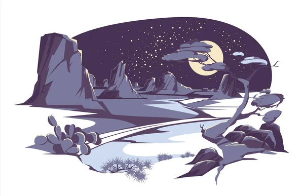 Vektor Set Illustration Von Wüste Und Nacht Landschaft Mit Silhouetten — Stockvektor