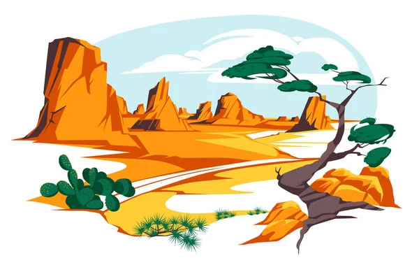 Paisagem Deserto Com Rochas Cactos Vector Ilustração Plana Rodovia Virar — Vetor de Stock