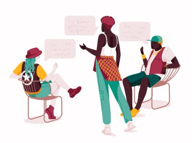 Çok ırklı bir grup insan konuşuyor ya da konuşuyor. Konuşma baloncuklarıyla sohbet eden çiftler koleksiyonu. Erkekler ve kadınlar buluşuyor. Karakterler arasındaki diyaloglar. Düz vektör çizimi beyaz üzerine izole edildi