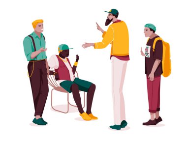 Çok ırklı bir grup insan konuşuyor ya da konuşuyor. Konuşma baloncuklarıyla sohbet eden çiftler koleksiyonu. Erkekler toplantısı. Karakterler arasındaki diyaloglar. Düz vektör çizimi beyaz üzerine izole edildi