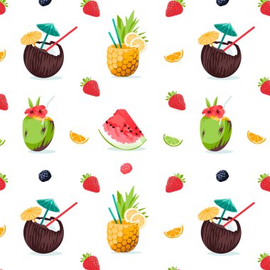 Summer seamless cute colorful pattern with tropick cocktails, pineapple, watermelon, berry, strawberry, citrus, cocos on white background. Vector illustration