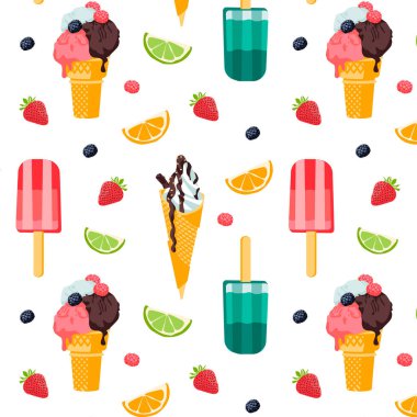 Summer seamless cute colorful pattern with ice cream, citrus, berries  on white background. Vector illustration