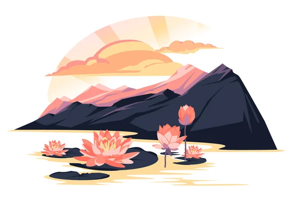 Sunset Landscape Mountain Lake Blooming Lotuses Pink Purple Colorful Flat — ストックベクタ