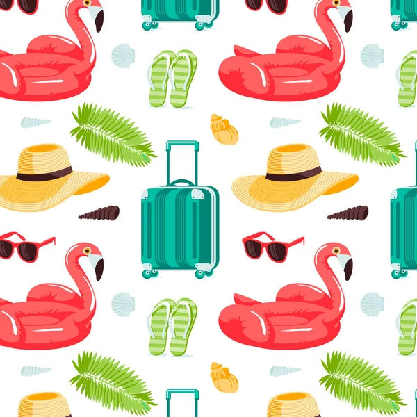 Summer Seamless Cute Colorful Pattern Flamingo Tropical Leaves Suitcase Shells — Stock Vector