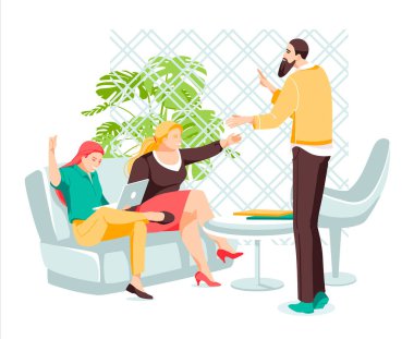 Düz tasarımda iş kavramı olan vektör illüstrasyonu. Üç yaratıcı insanın buluştuğu çalışma alanı. Beyaz izole