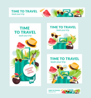 Yaz tropik seyahat illüstrasyon taşıyıcı bayrakları farklı boyutlarda poster, Flyer için uygundur ve yiyeceklerle ilgilidir. Çanta, palmiye yaprakları, güneş şapkası, kabuklar, tropik kokteyl. Sahilde dinlen.