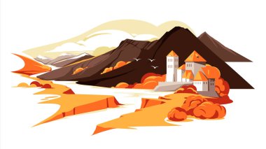 Sonbahar manzarasında Roma tarzı bir dağ şatosu. Avrupa, Fransa, Almanya, Gerorgia düz renkli illüstrasyon