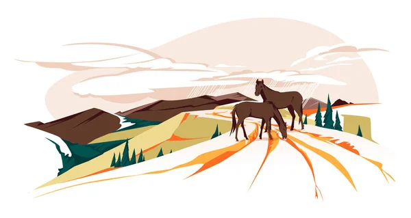 山道で野生の馬が放牧されます 秋の風景 カラーフラットベクトルイラスト — ストックベクタ